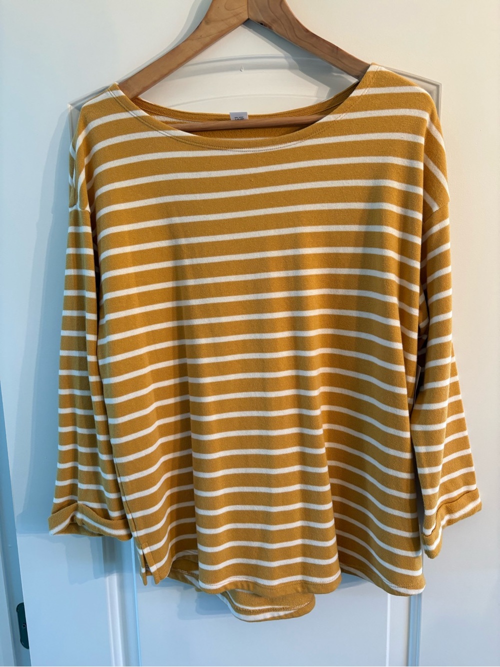 Old Navy Mustard Yellow & White Striped Boatneck Long Sleeve Top